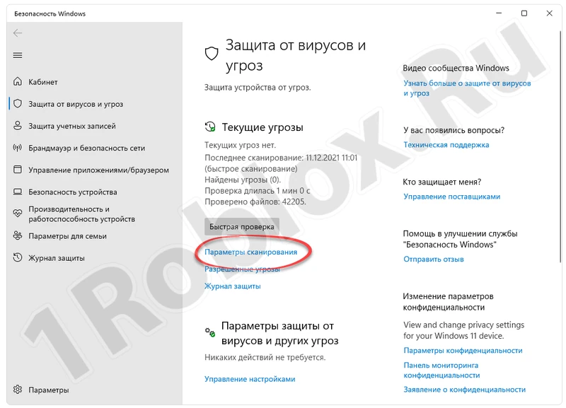 Параметры сканирования антивируса Windows 11