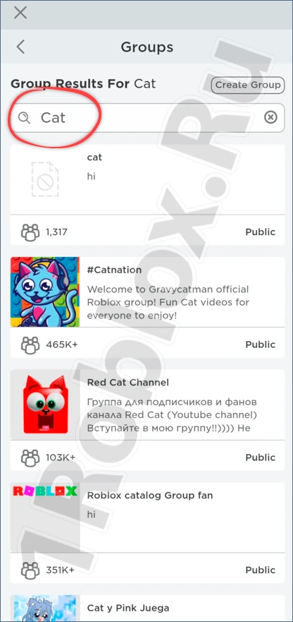 Поиск группы в Роблокс на телефоне