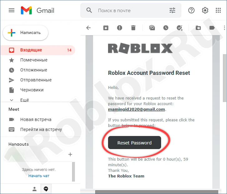 Сброс пароля Roblox